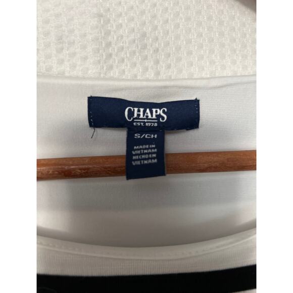 Chaps Black White Striped Midi Dress Stretchy Faux Wrap Lined Knee Length Small - Picture 6 of 11